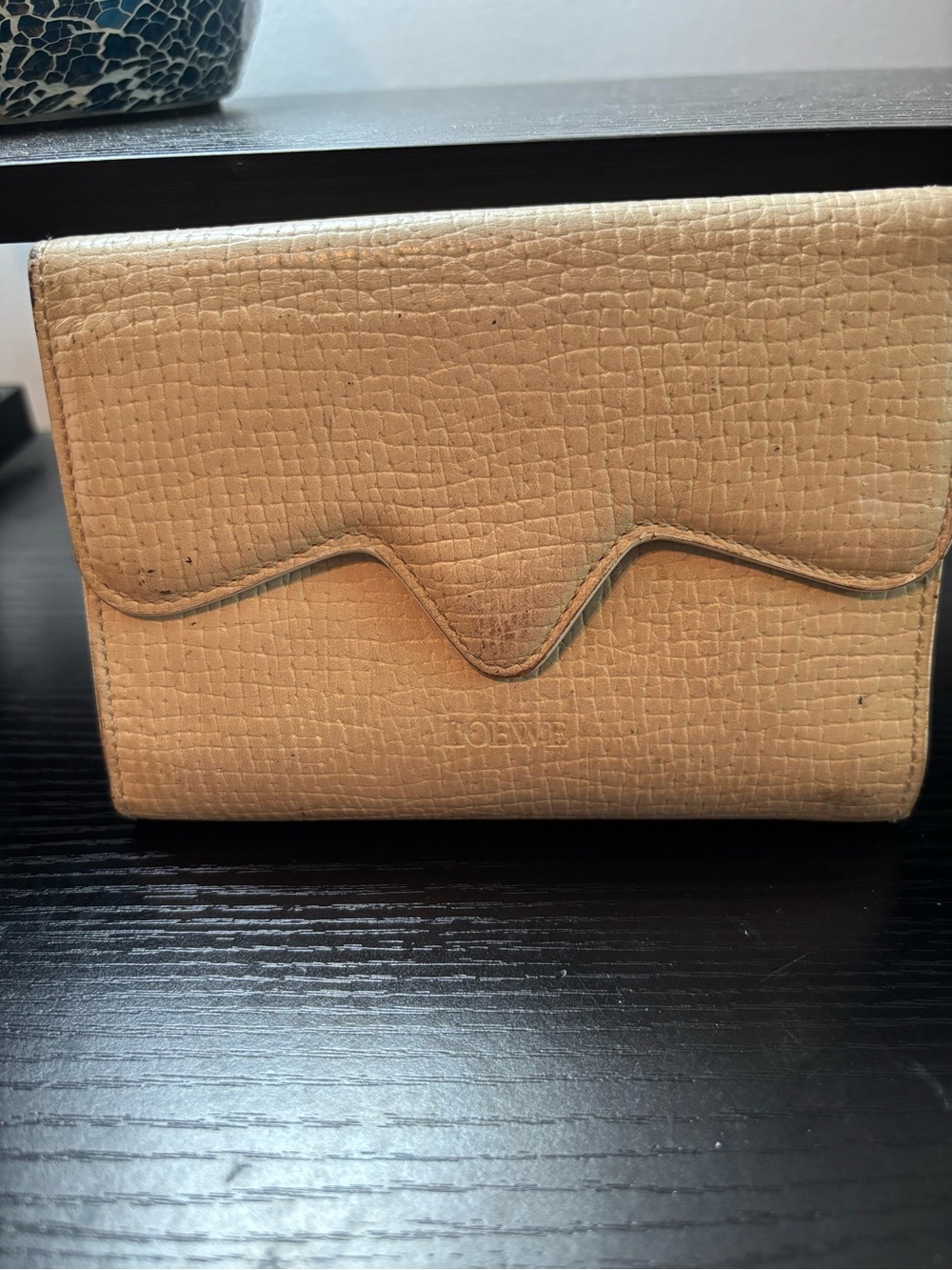 Authentic Loewe Vintage Textured Leather Compact Wallet – Rare "W" Flap Design